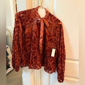 Anthropologie Floral Velvet Blouse - Deep Red